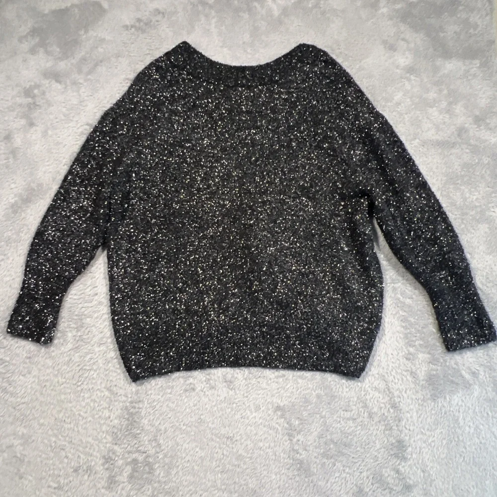 Ava‎ & Viv Sweater V-Neck Metallic Shimmer Fuzzy Black Womens 2X